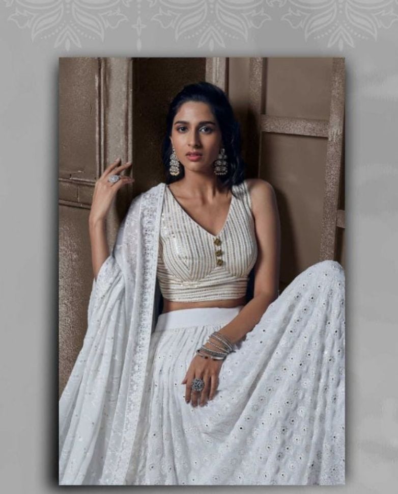 White Color Embroidered Viscose Georgette Lehenga