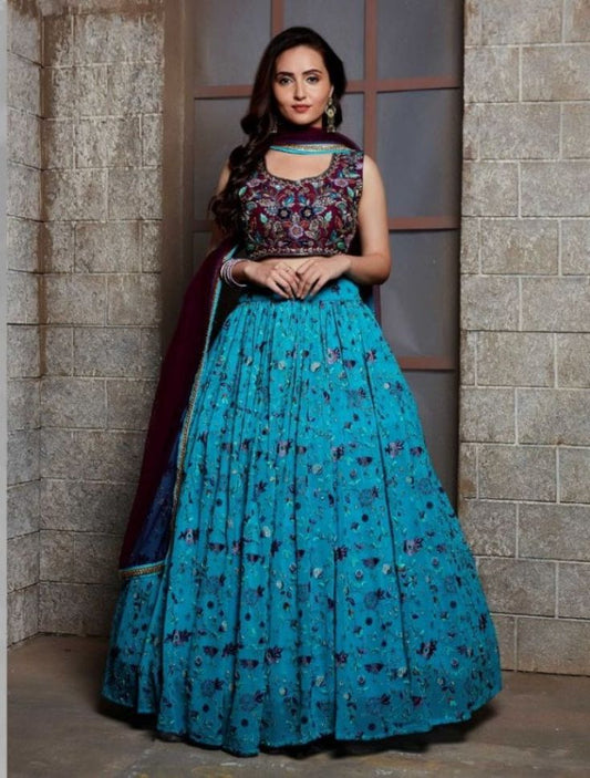 Blue and Maroon Color Embroidered Viscose Lehenga
