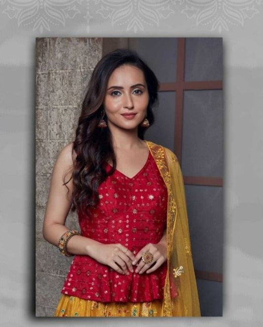 Yellow and Red Color Embroidered Viscose Georgette Lehenga