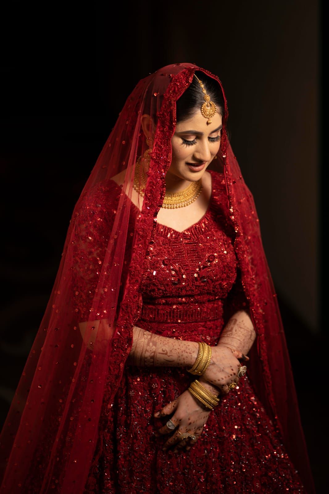Designer Red Color Aari Work Net Bridal Lehenga Gulan