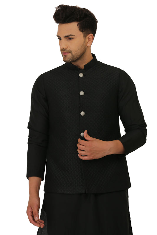 Black Nehru Jacket Acrylic motif with Kurta Churidaar