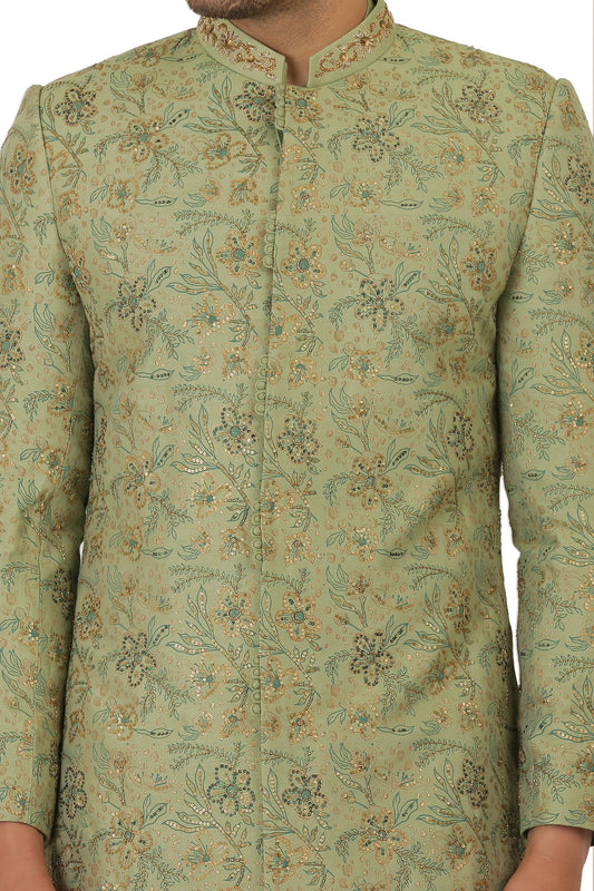Olive Green hand embroidered Ruby Silk Sherwani Set