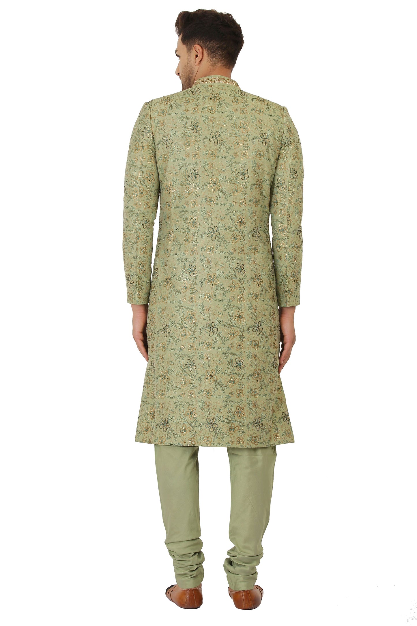 Olive Green hand embroidered Ruby Silk Sherwani Set- Plus