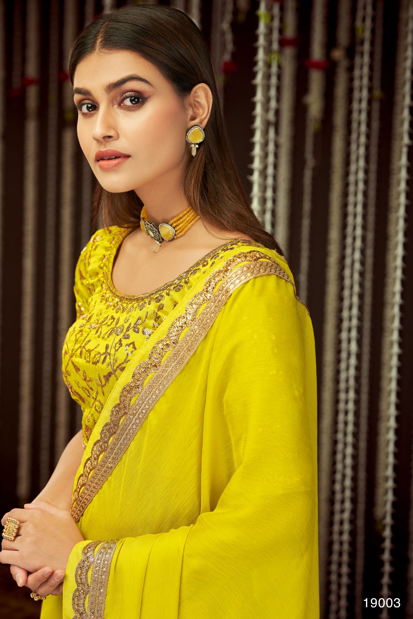 Yellow Color Sequins Embroidery Chinnon Silk Saree for Haldi