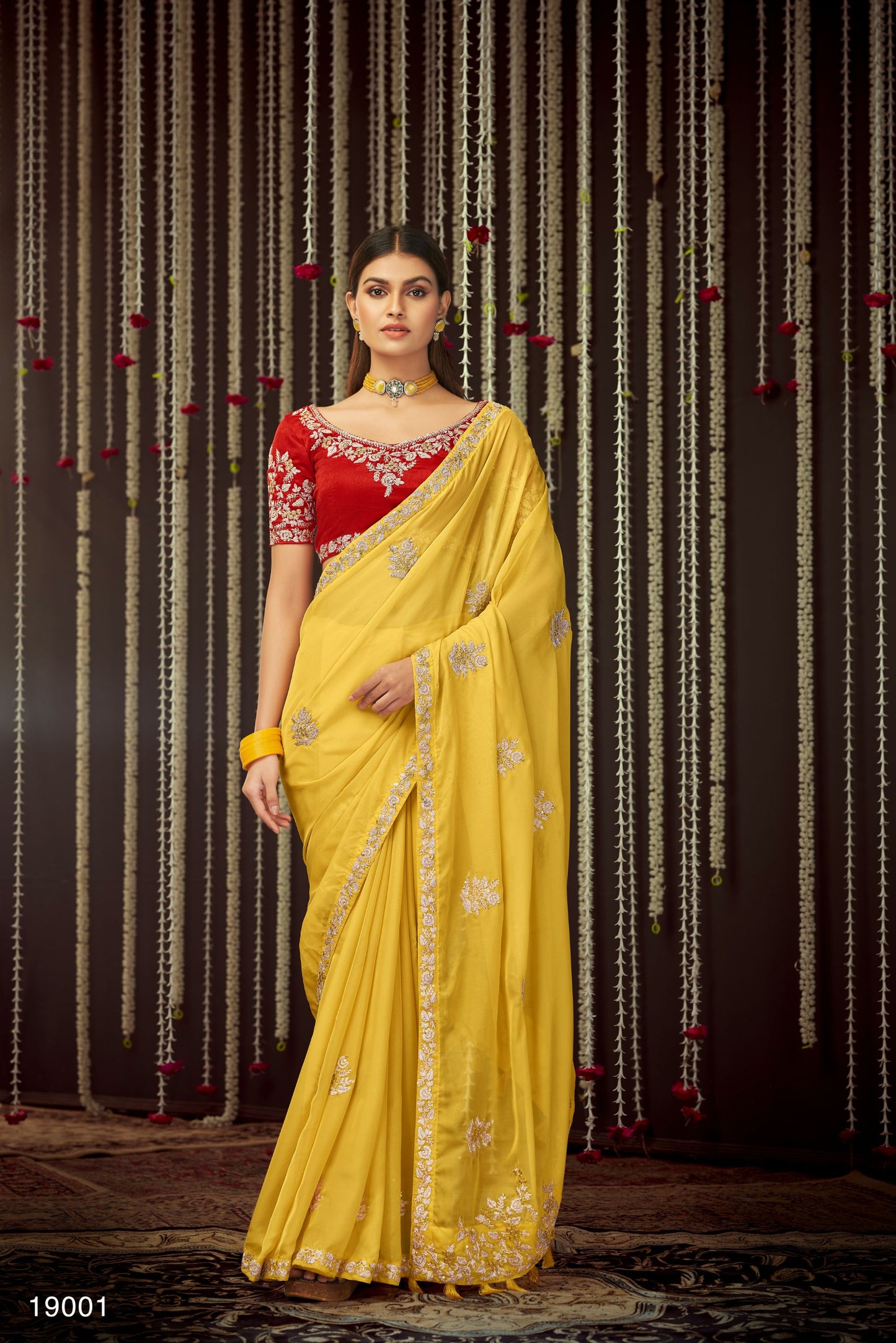 Yellow Color Sequins Work Organza Saree