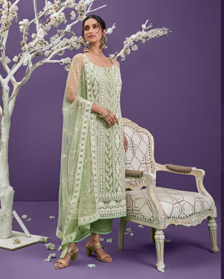 Light Green Embroidered Net Salwar Suit for Mehendi