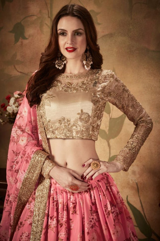 Pink and Beige Color Organza Zari Lehenga
