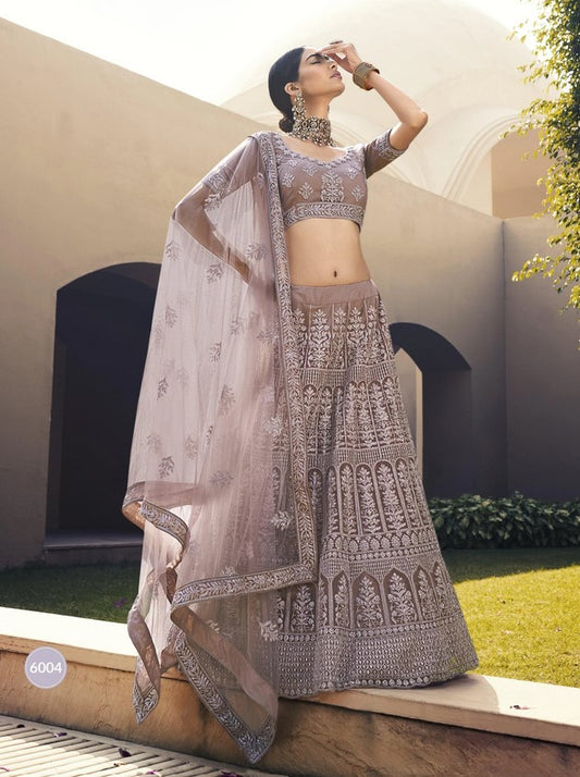 Dark Mauve Soft Net Sequins Embroidered Lehenga Set