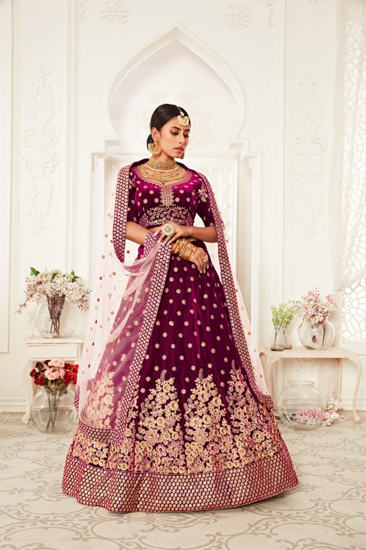 Purple Velvet Sequins Embroidery Lehenga