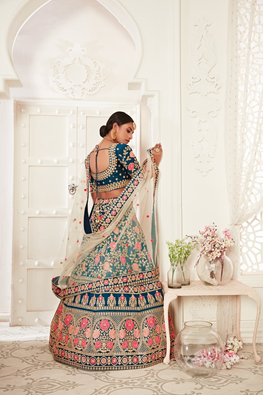 Blue Color Slub Silk Embroidery Lehenga