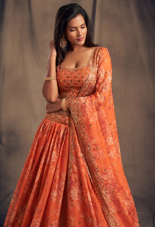 Orange Color Sequins Zari Embroidery Lehenga
