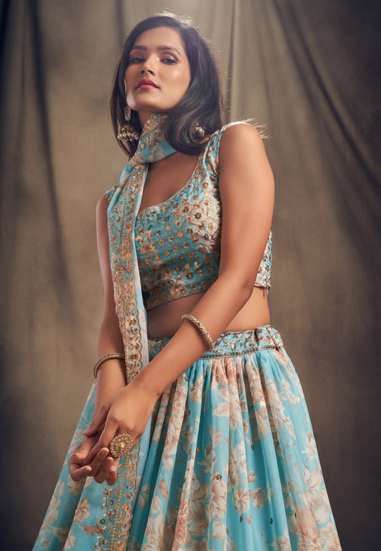 Teal Blue Color Sequins Zari Embroidery Lehenga