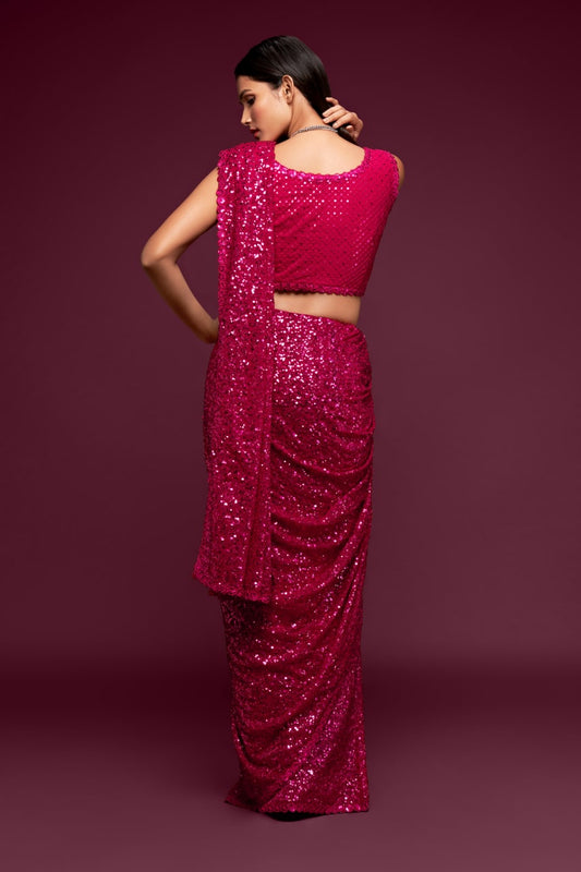 Hot Pink Color Sequined Georgette Party Wear Saree