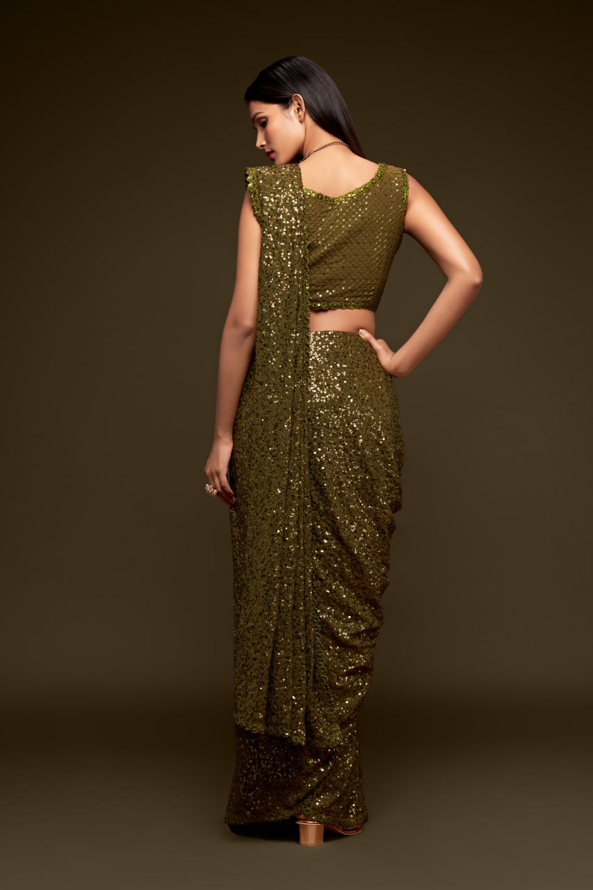 Olive Green Color Sequined Georgette Party Wear Saree