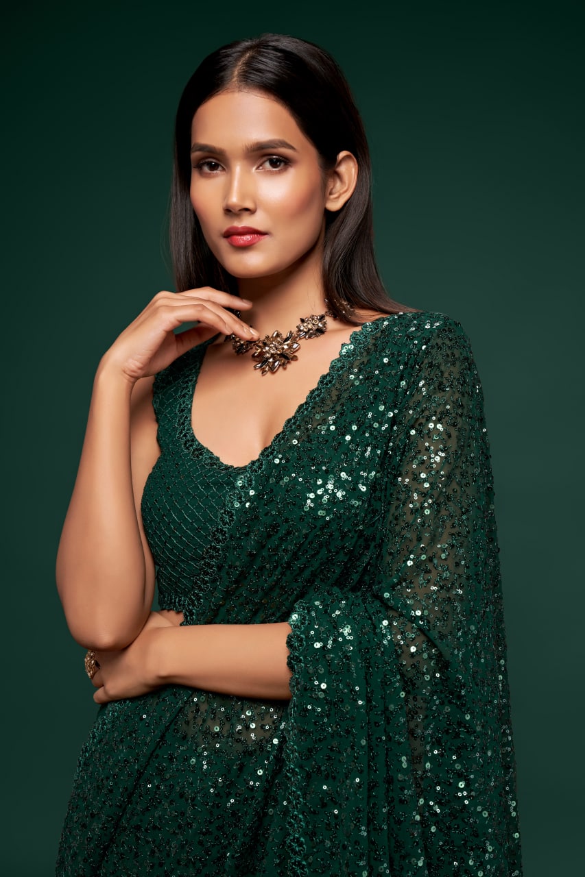 Bottle Green Color Sequined Georgette Party Wear Saree-1008 Mohi fashion Bottle Green Color Sequined Georgette Party Wear Saree-1008 Mohi fashion