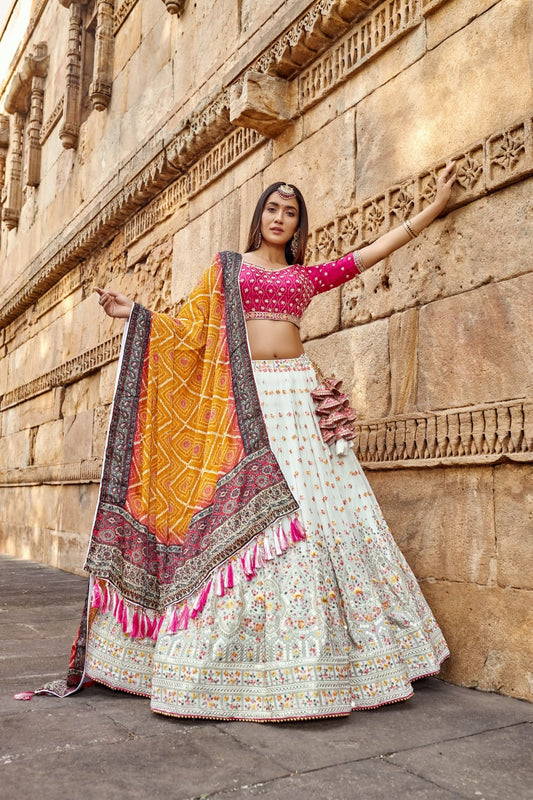 Pink and White Color Zari Work Lehenga