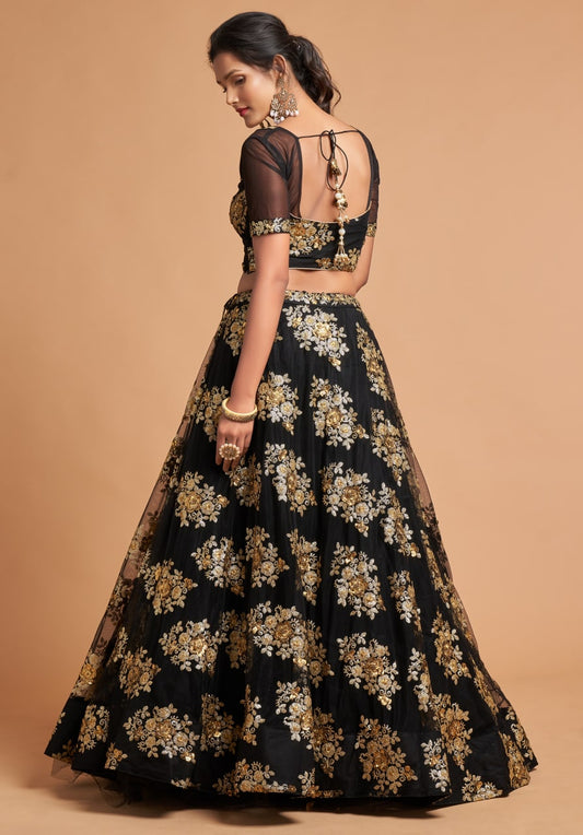 Black Color Soft Net Floral Embroidery Lehenga
