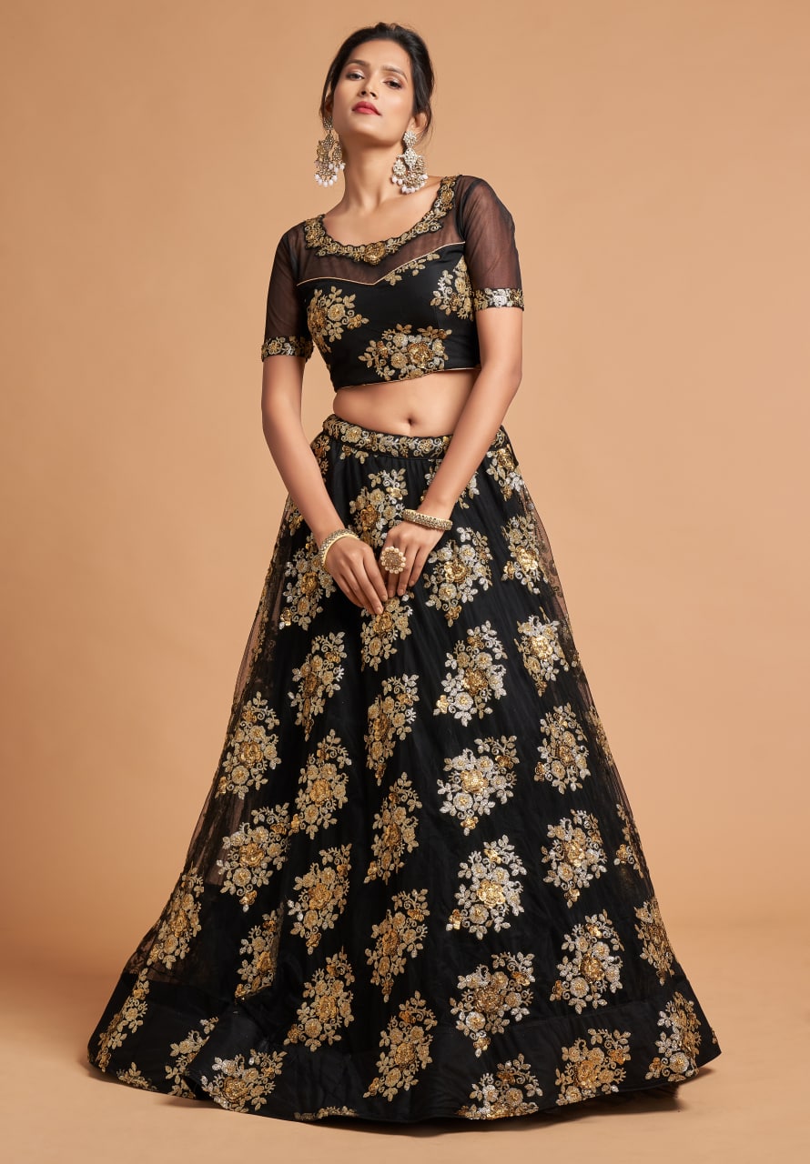 Black Color Soft Net Floral Embroidery Lehenga