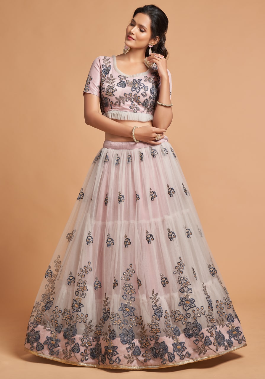 Grey Color Soft Net Zardozi Work Lehenga