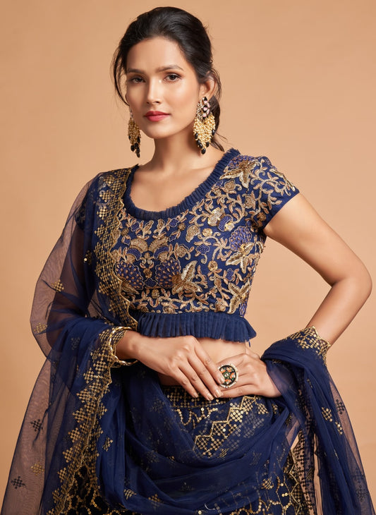Elegant Blue Zari Embroidery Lehenga Choli