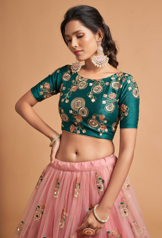 Peach Color Zari Embroidery Work Art Silk Lehenga
