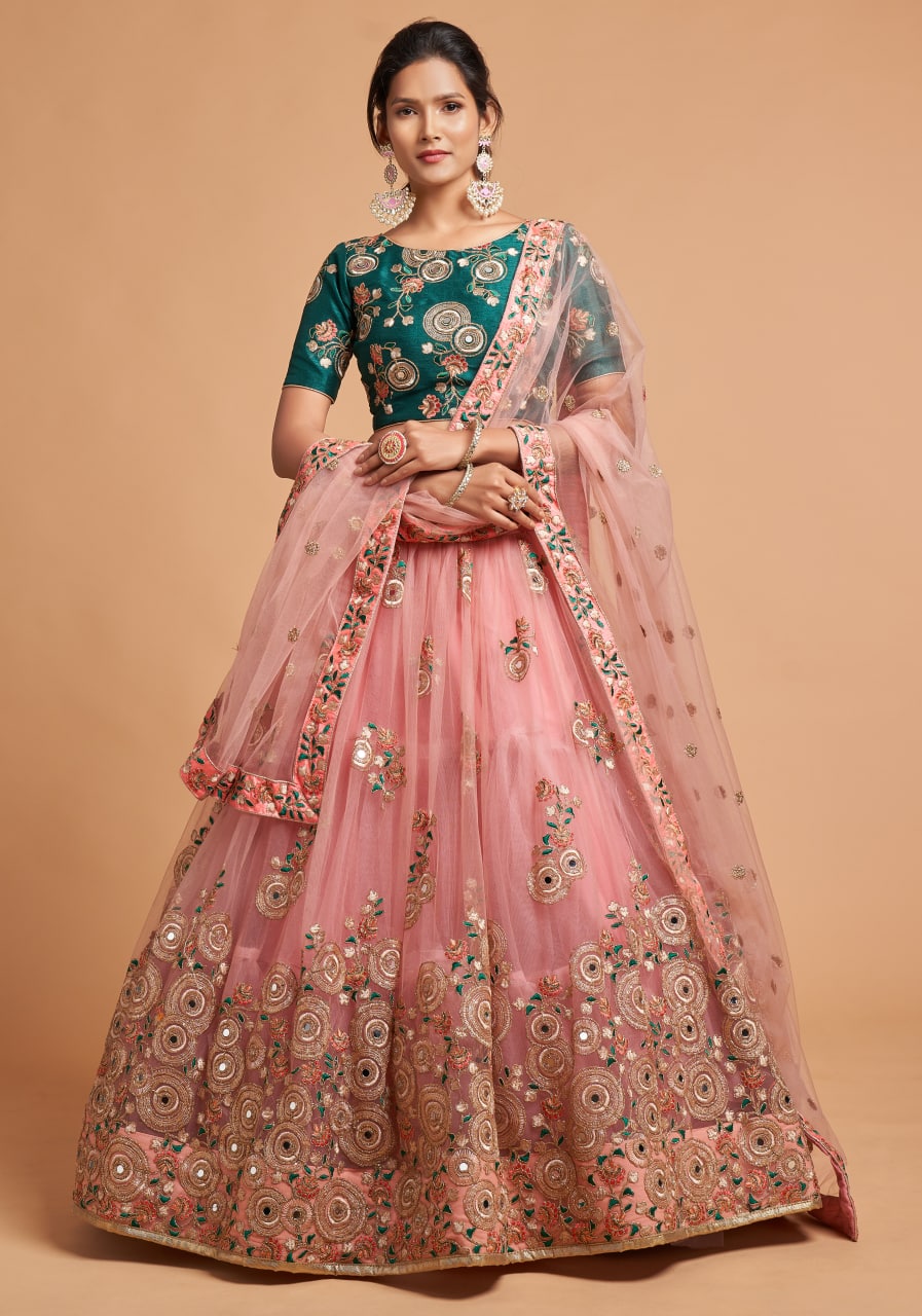 Peach Color Zari Embroidery Work Art Silk Lehenga