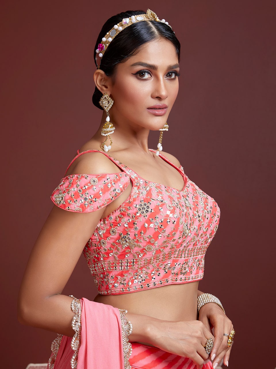 Pink Chiffon Leheriya Printed Lehenga
