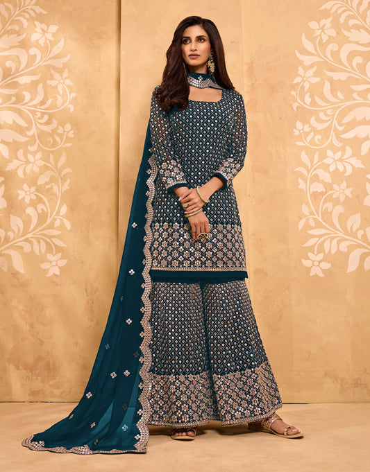 Blue Color Mirror Embroidery Georgette Sharara