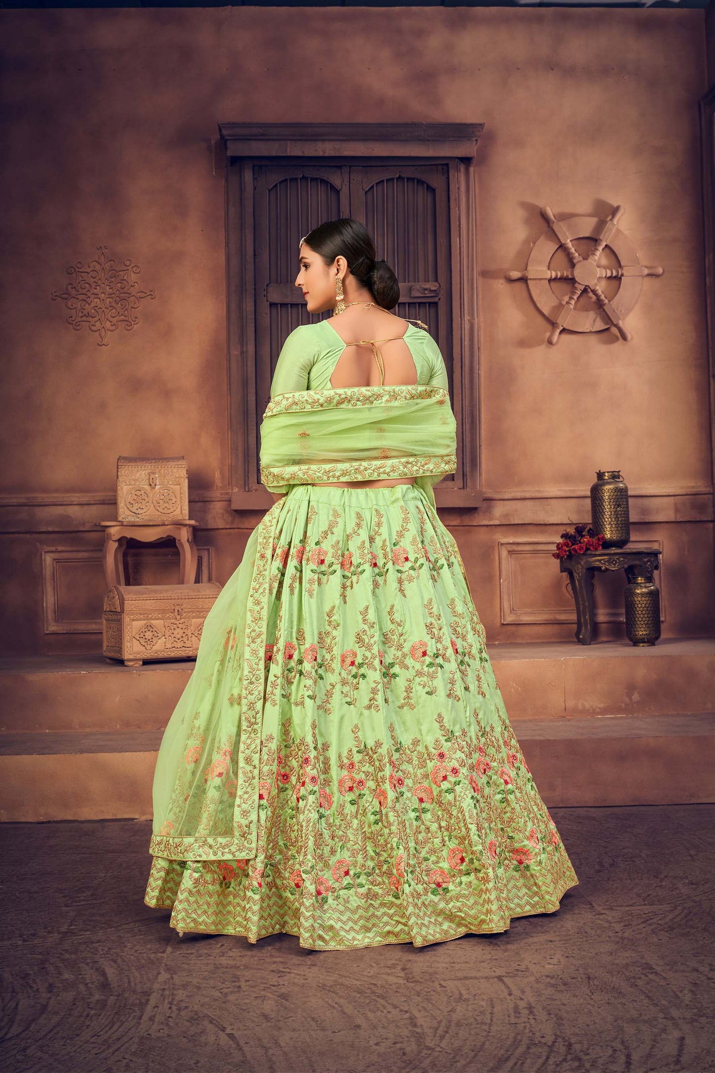 Light Green Color Embroidered Taffeta Silk Lehenga