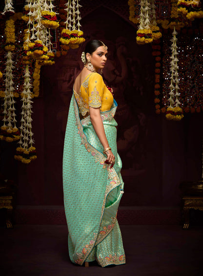 Mint Green Banarasi Zari Woven Prasang Wedding Saree