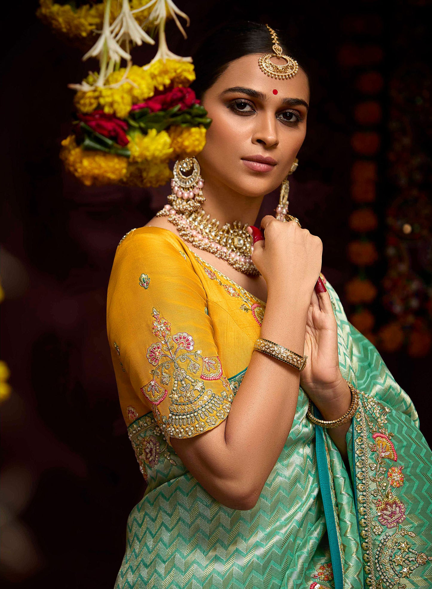 Mint Green Banarasi Zari Woven Prasang Wedding Saree