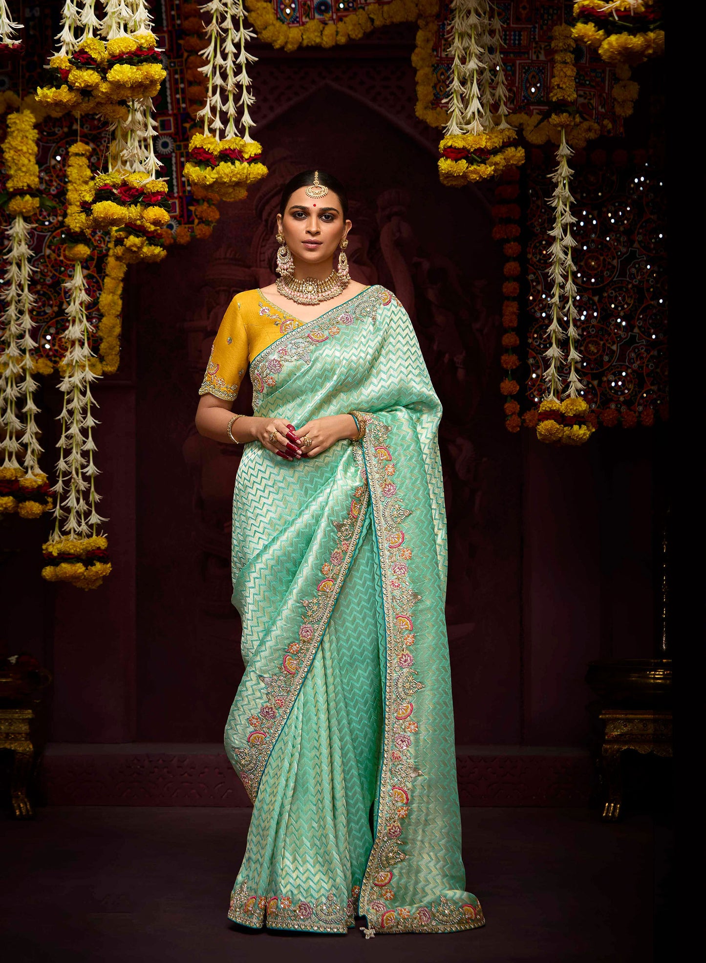 Mint Green Banarasi Zari Woven Prasang Wedding Saree