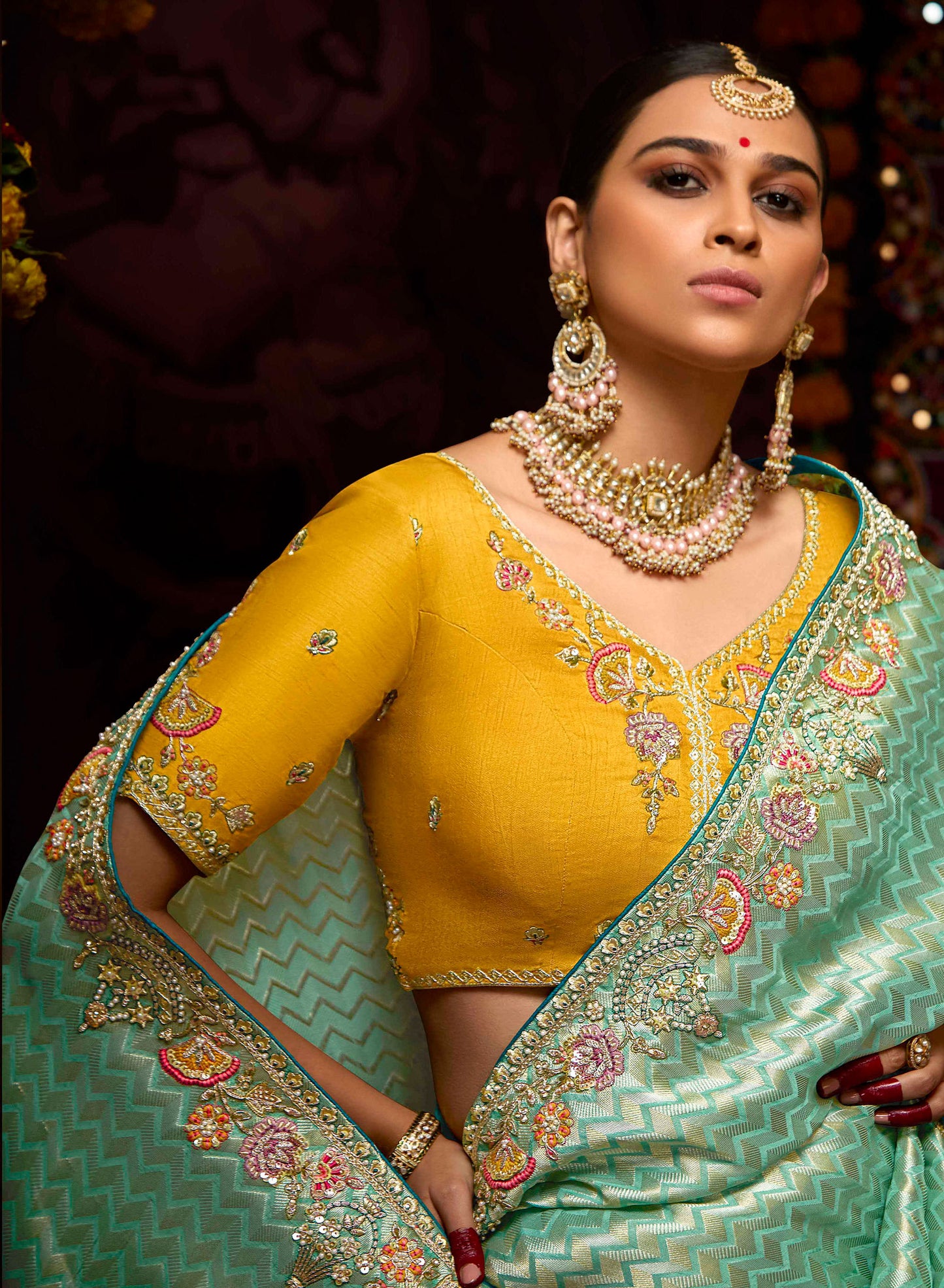 Mint Green Banarasi Zari Woven Prasang Wedding Saree