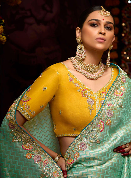 Mint Green Banarasi Zari Woven Prasang Wedding Saree