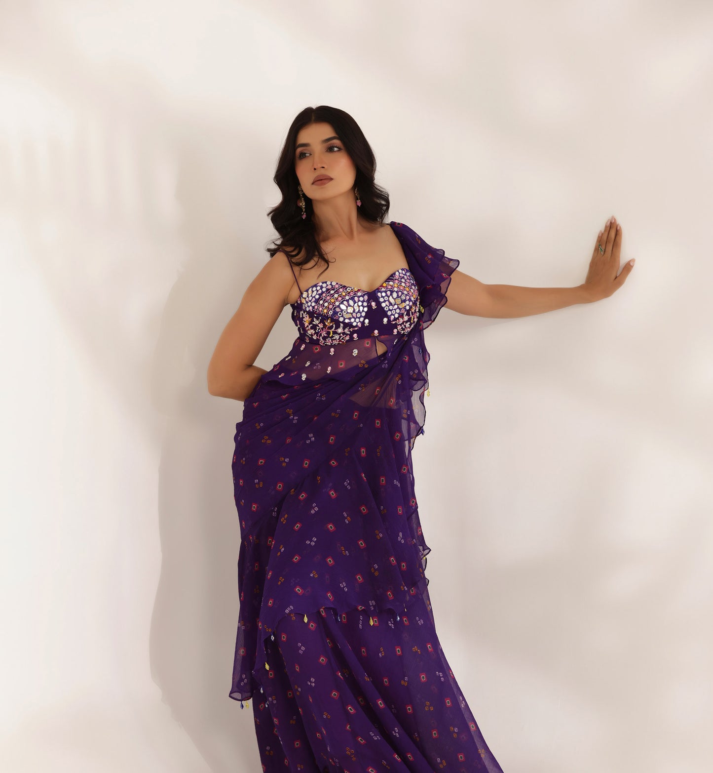 Bandhani Amber Purple Silk Satin Hand Embroidered Summer wedding saree