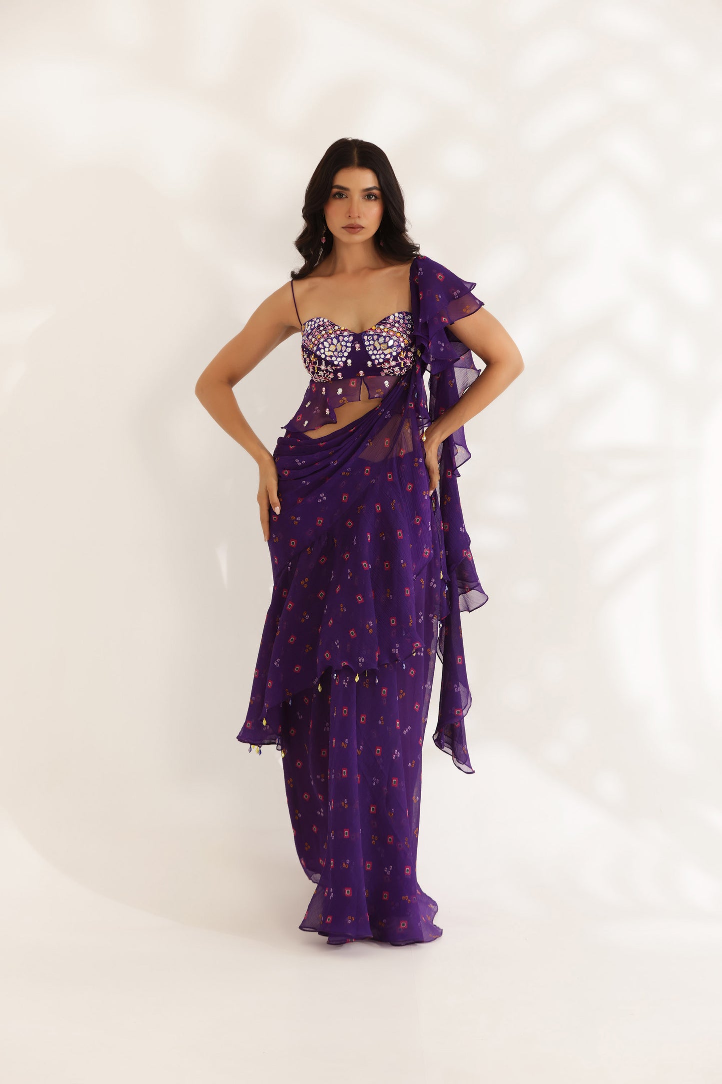 Bandhani Amber Purple Silk Satin Hand Embroidered Summer wedding saree