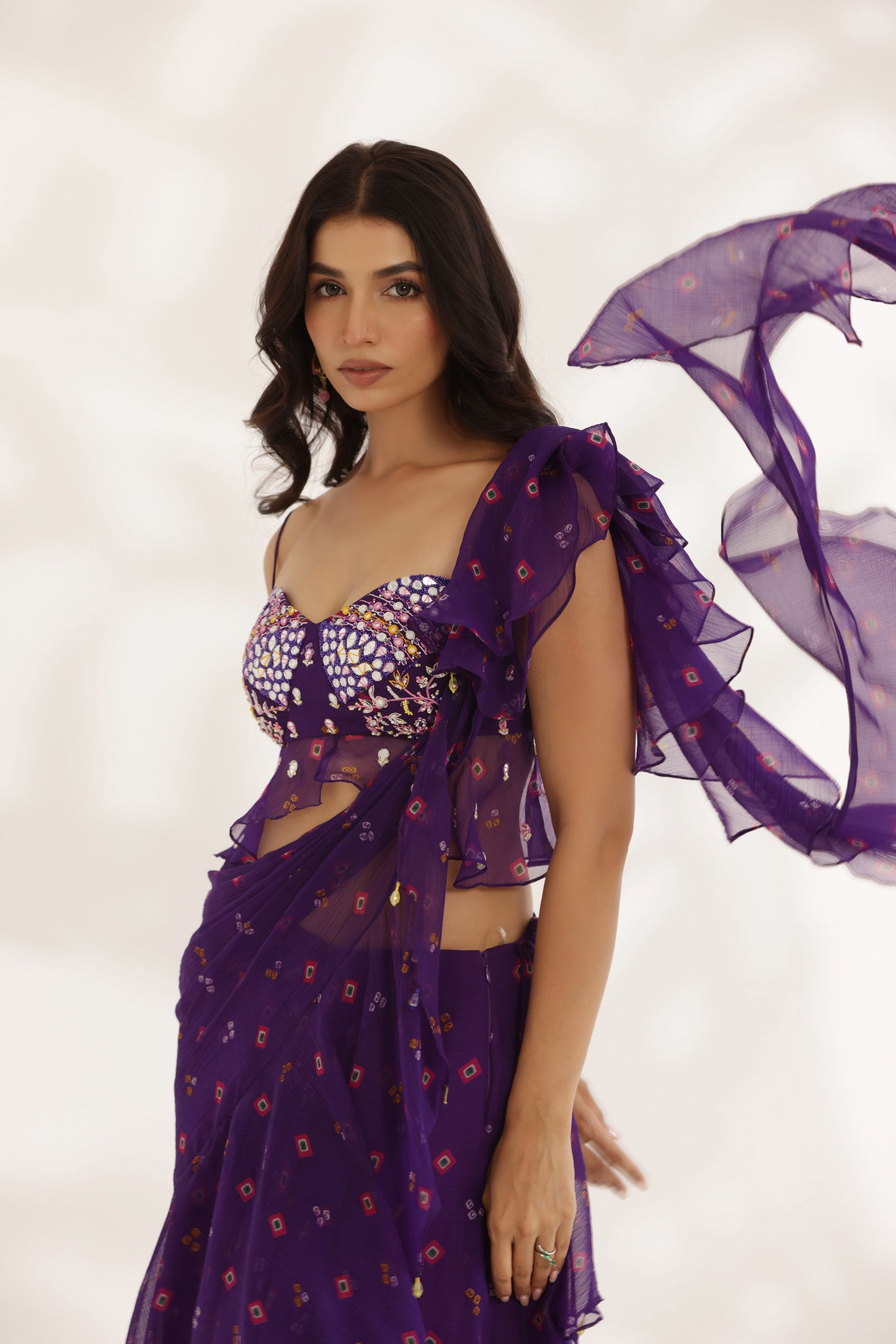 Bandhani Amber Purple Silk Satin Hand Embroidered Summer wedding saree