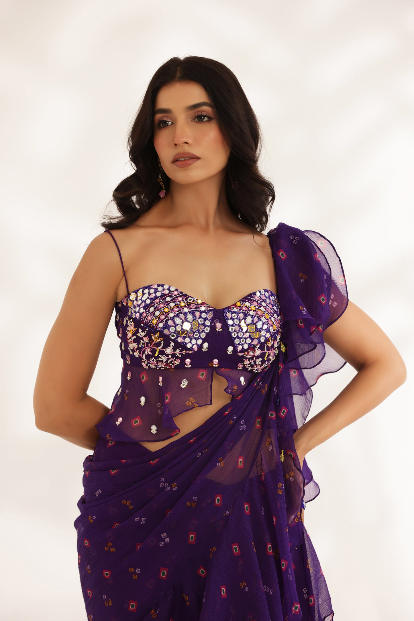 Bandhani Amber Purple Silk Satin Hand Embroidered Summer wedding saree