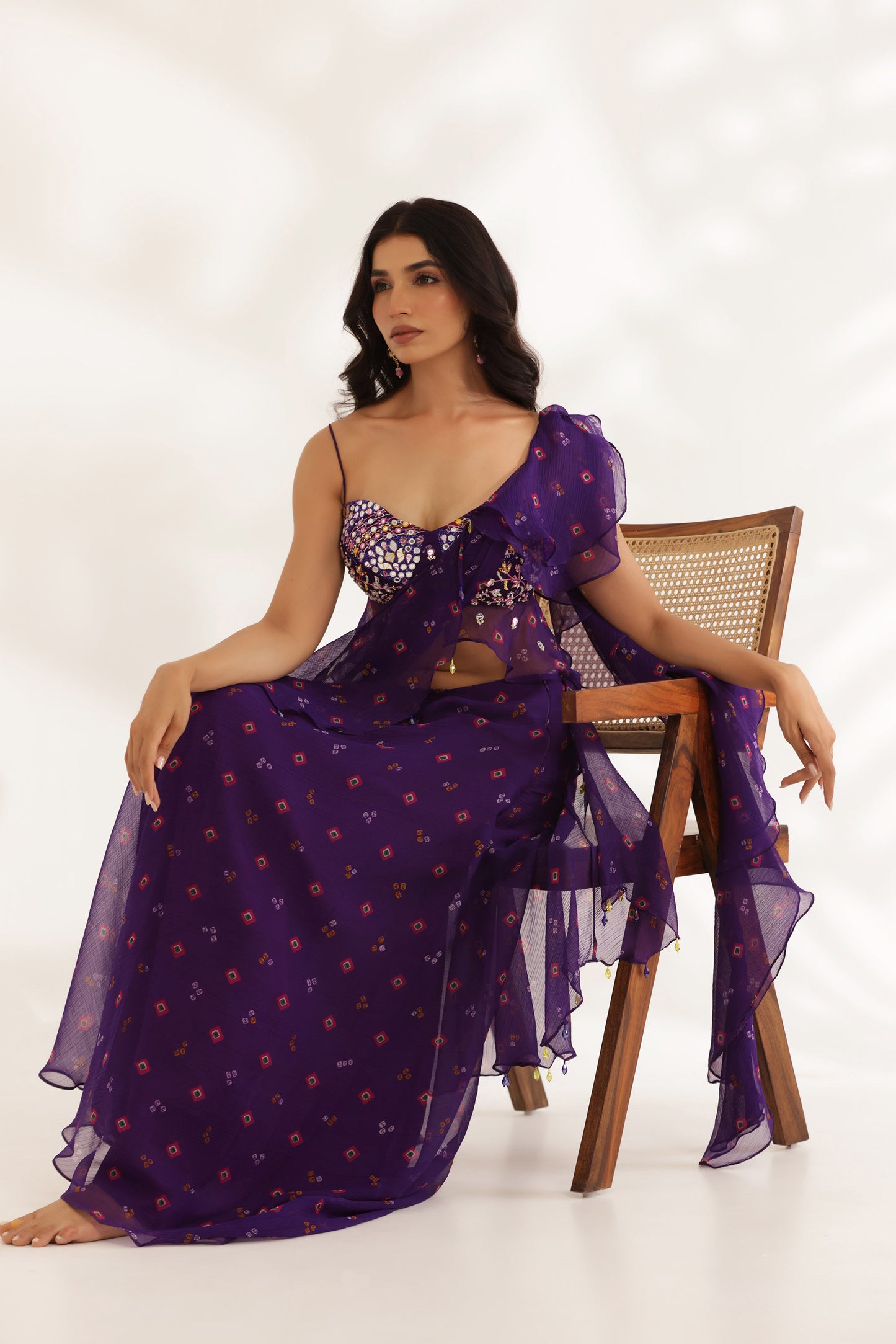 Bandhani Amber Purple Silk Satin Hand Embroidered Summer wedding saree