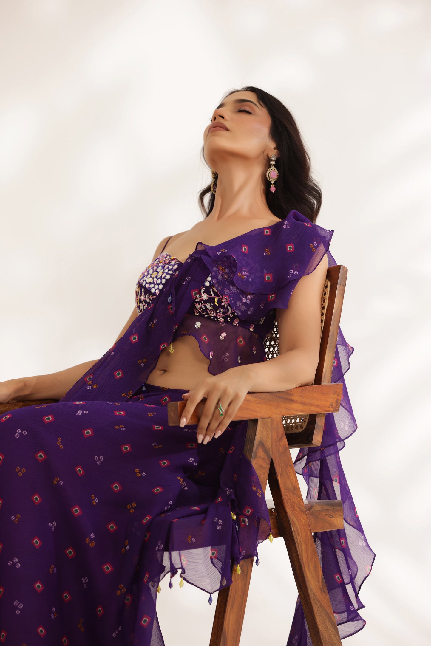 Bandhani Amber Purple Silk Satin Hand Embroidered Summer wedding saree