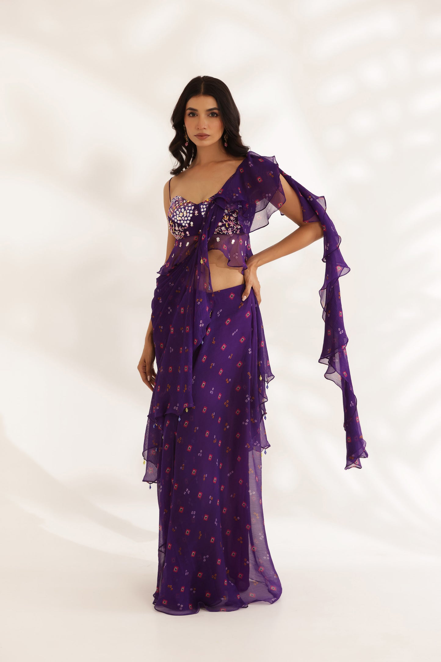 Bandhani Amber Purple Silk Satin Hand Embroidered Summer wedding saree