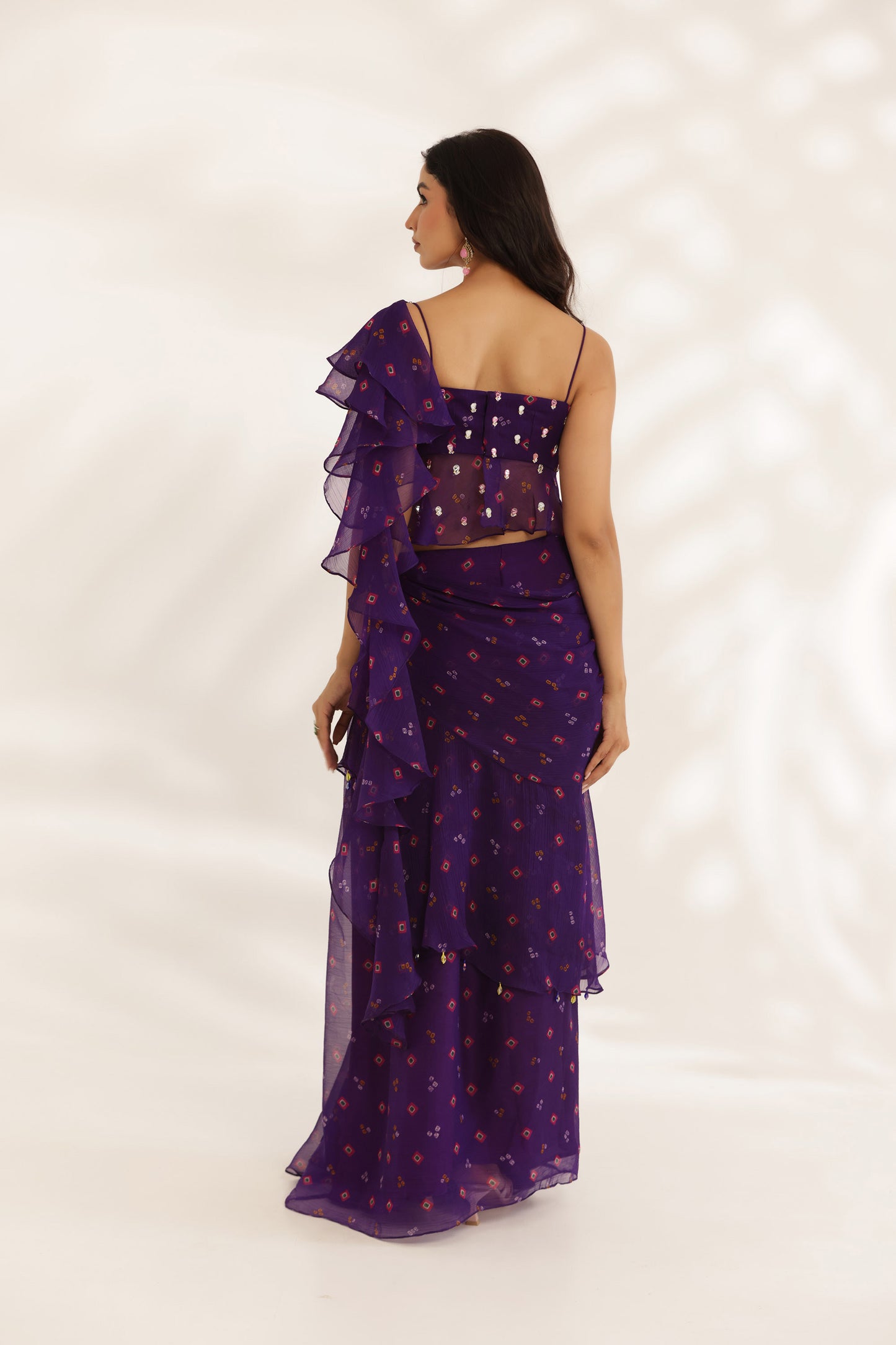 Bandhani Amber Purple Silk Satin Hand Embroidered Summer wedding saree