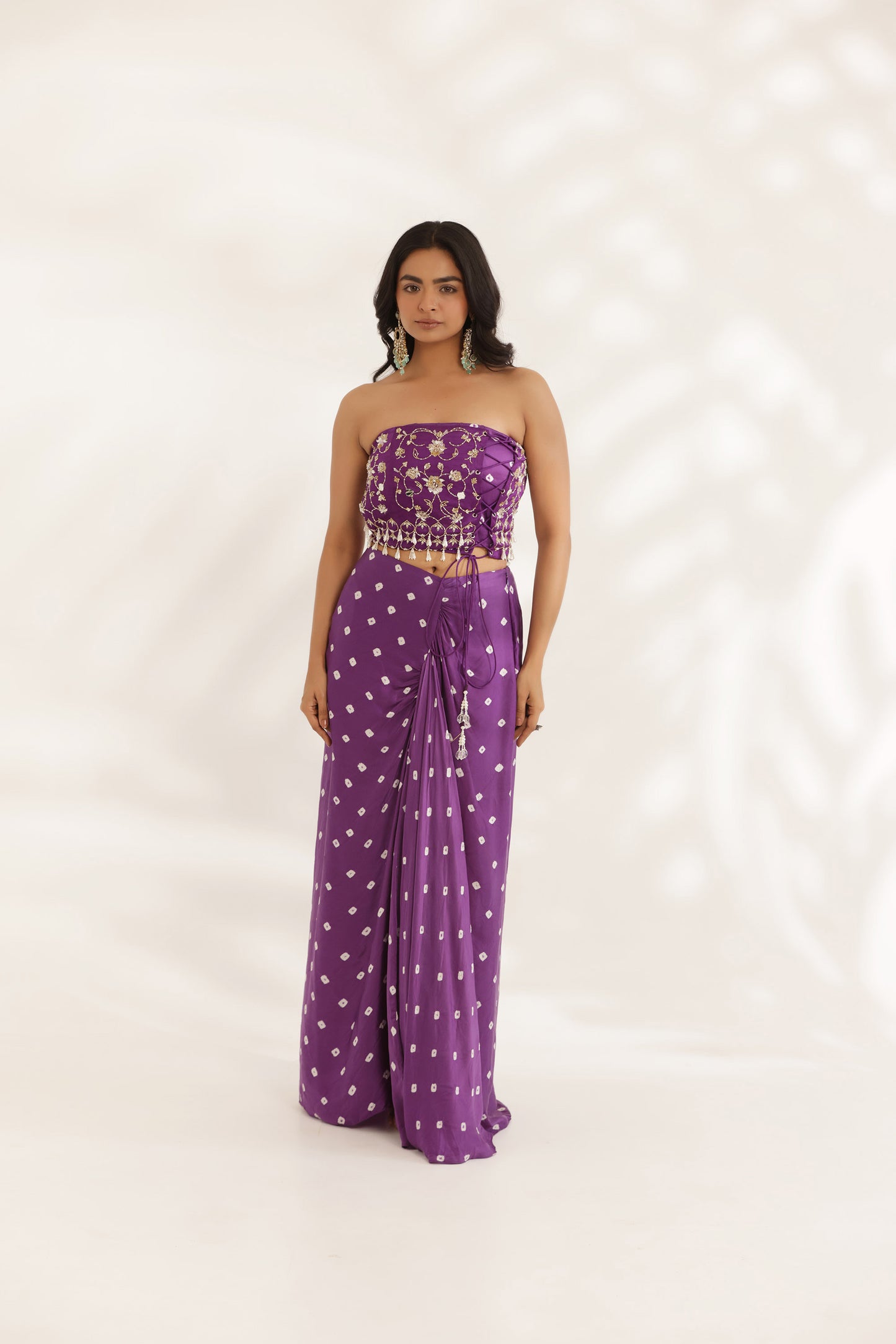 Bandhani Saavali Purple Silk Satin Hand Embroidered Mehendi Skirt