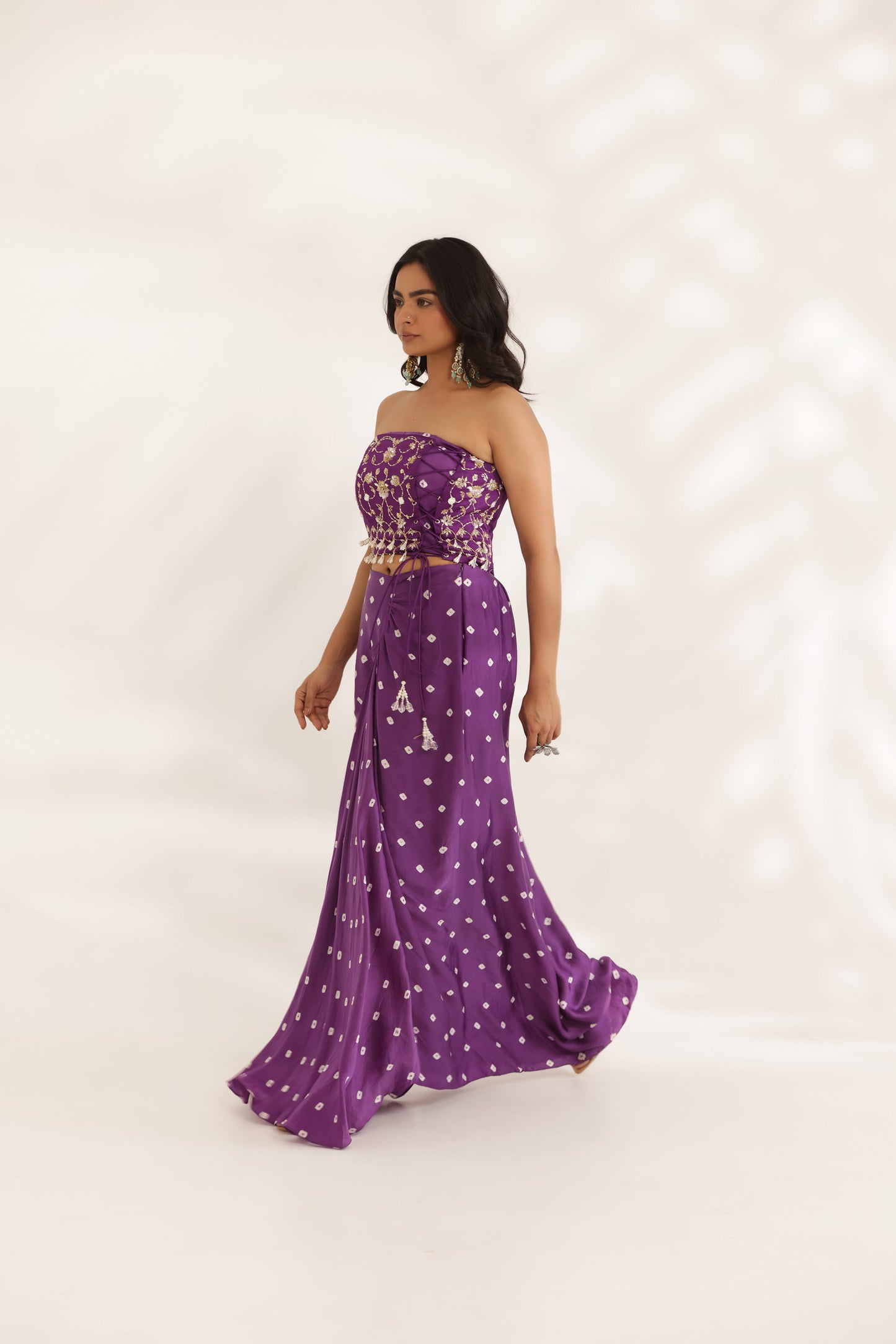 Bandhani Saavali Purple Silk Satin Hand Embroidered Mehendi Skirt