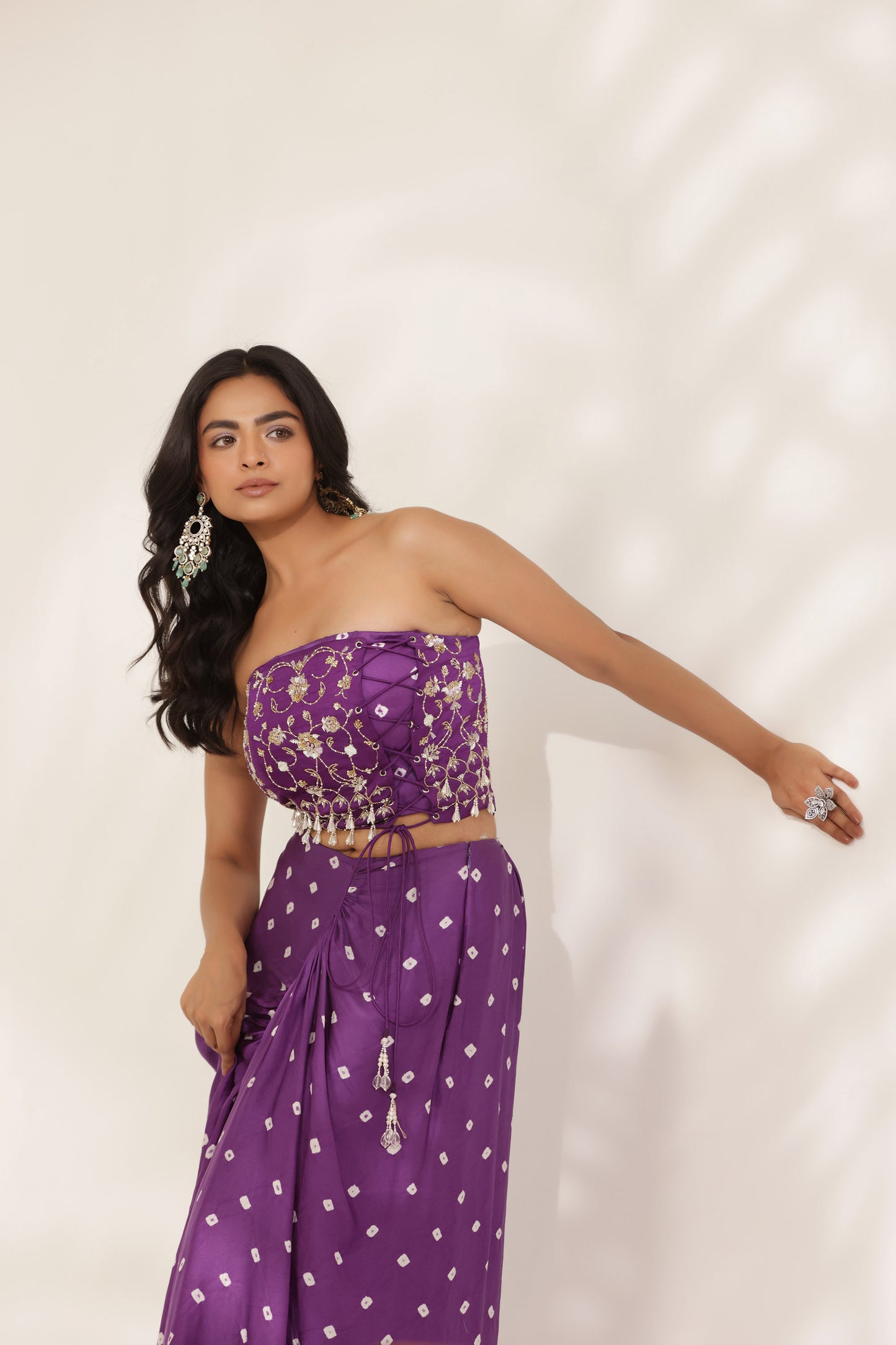 Bandhani Saavali Purple Silk Satin Hand Embroidered Mehendi Skirt