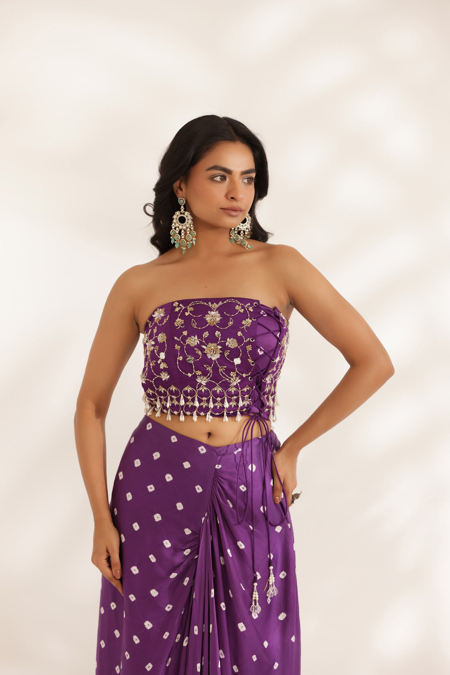 Bandhani Saavali Purple Silk Satin Hand Embroidered Mehendi Skirt