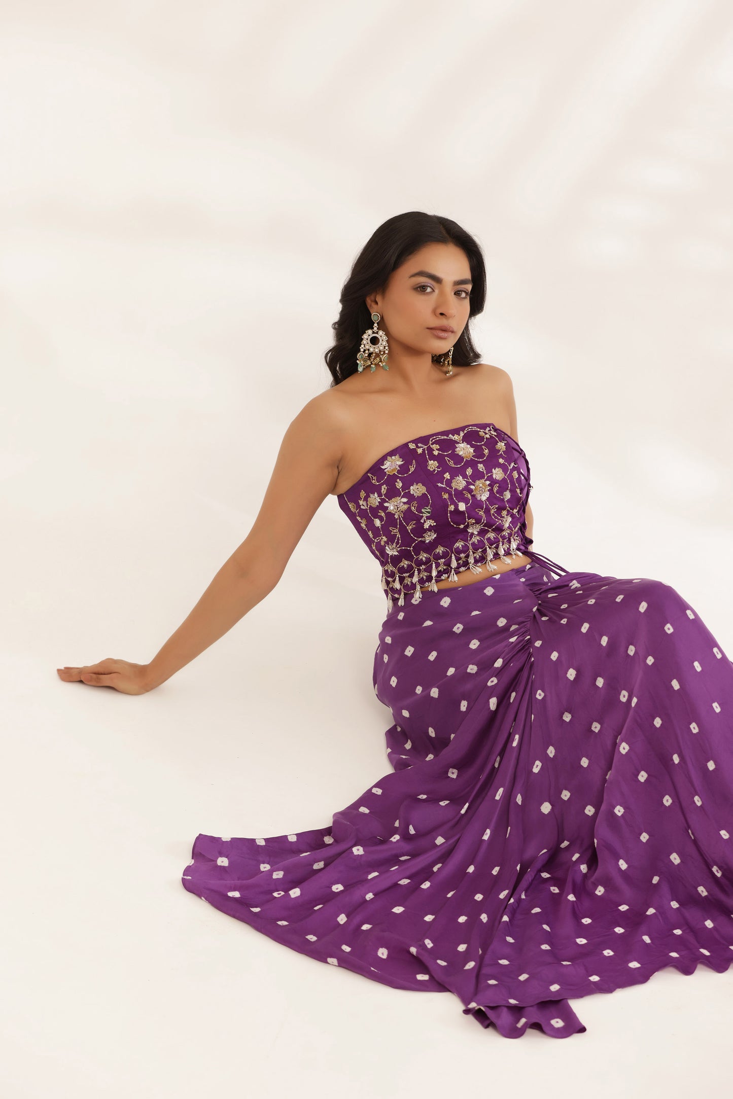 Bandhani Saavali Purple Silk Satin Hand Embroidered Mehendi Skirt