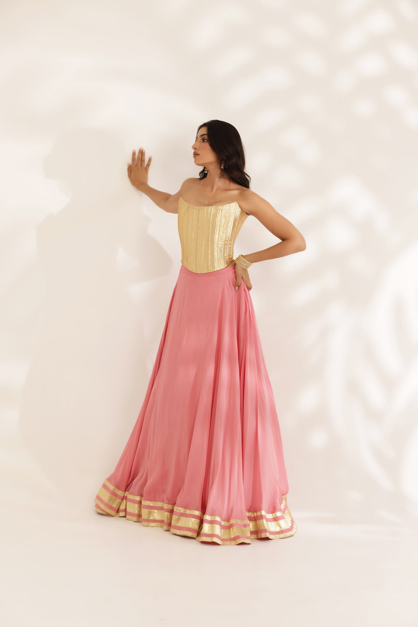 Bandhani Sunehri Coral Crepe Designer Bridesmaid Lehenga