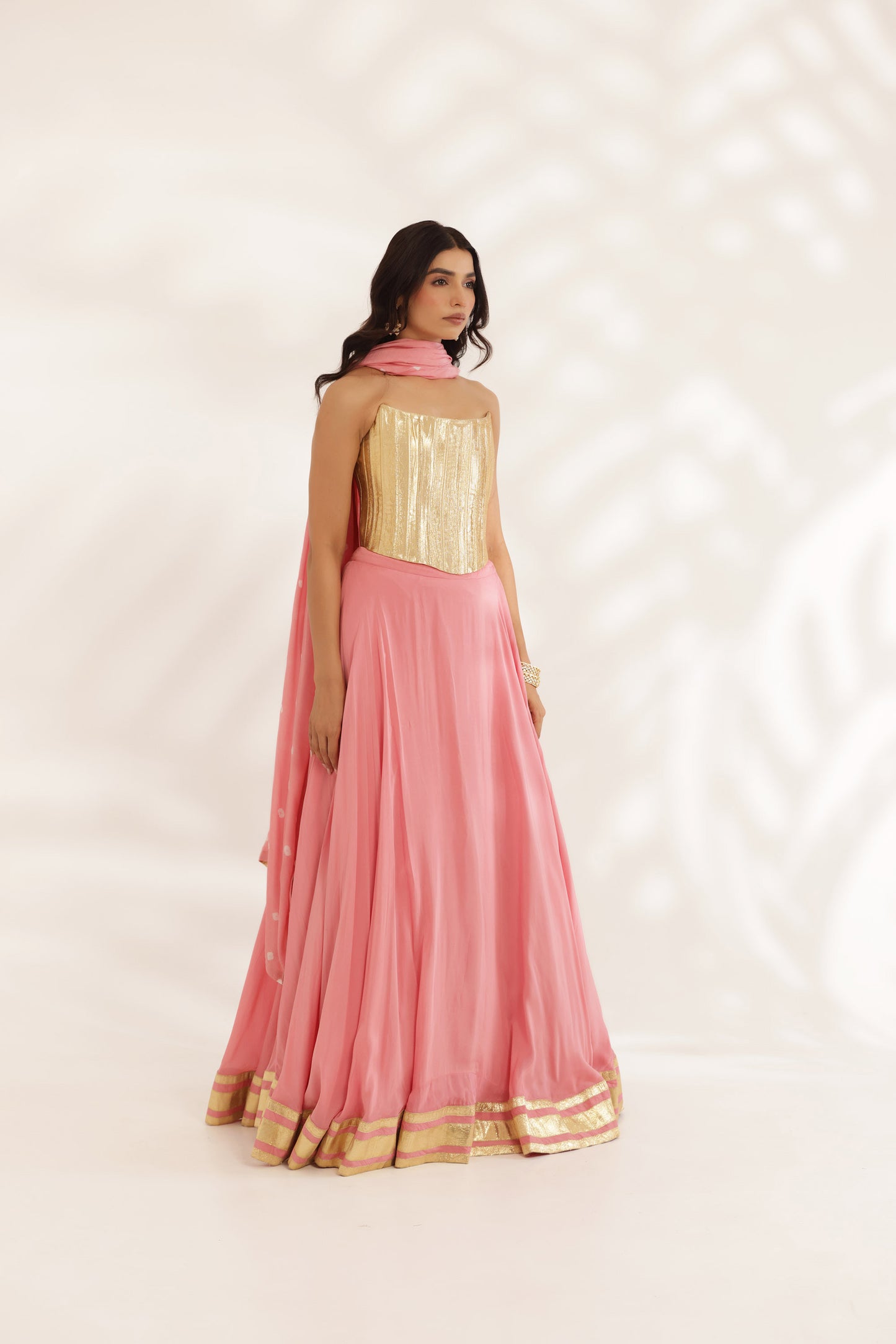 Bandhani Sunehri Coral Crepe Designer Bridesmaid Lehenga