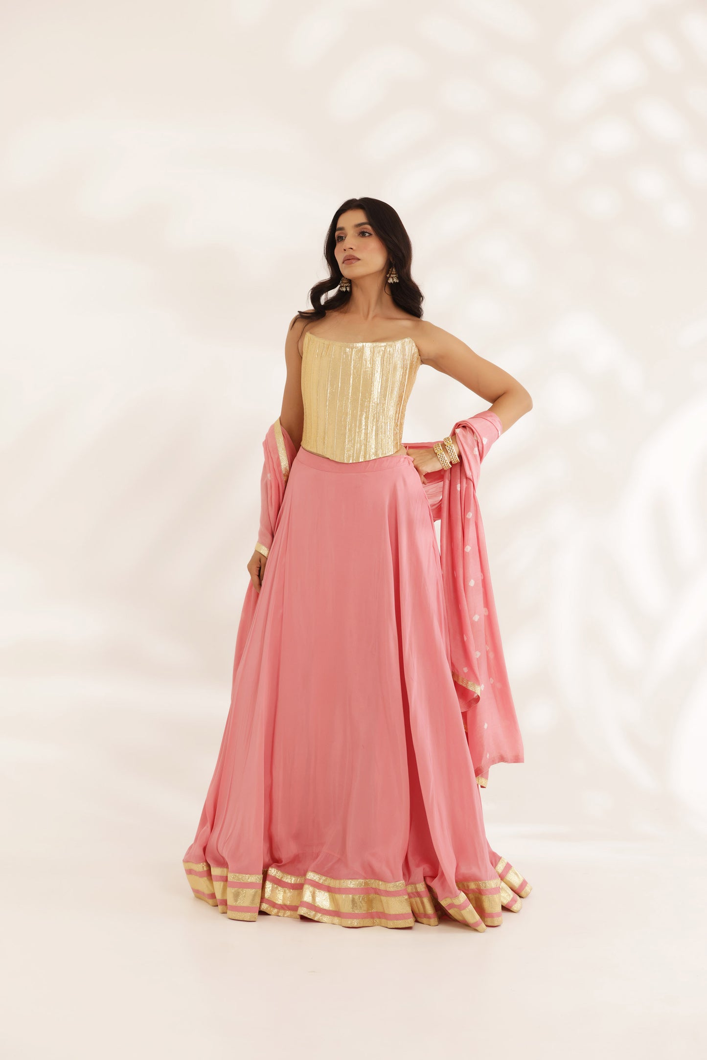 Bandhani Sunehri Coral Crepe Designer Bridesmaid Lehenga